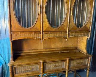 003 Vintage Faux Bamboo China Cabinet with Woven Rattan Accents