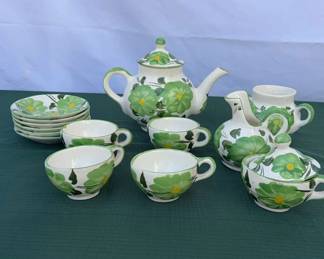 Painted Green Floral Ceramic Tea Set
