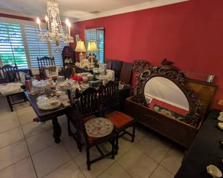 Large carved mirror, antique dining table and chairs, crystal and porcelain