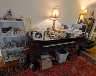 Chickering square piano with carved legs, antique piano stools
