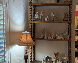 Vintage gold finish shelving unit, collectibles
