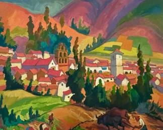 "Village Scene" by Juan de la Cruz Machicado, created in 1991. It depicts a vibrant village nestled within a mountainous landscape, with villagers engaged in agricultural activities in the foreground