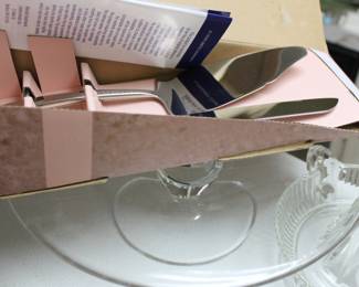 glass cake stand and Mikasa servers