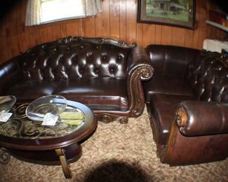 coffee table, sofa and loveseat, big armchair; faux-leather, excellent condition