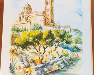 Signed and framed print of Norte Dame de La Garde in Marseilles France  
