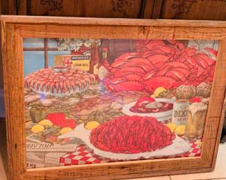 Fun Cajun artwork customed framed in old Cypress wood
