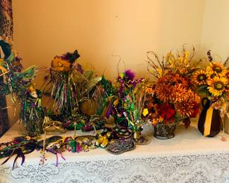 many Mardi Gras wreaths and decorations