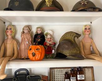 Ww1 ww2 helmets and caps, dolls 