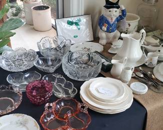 Crystal, Ironstone and depression glass pieces.
