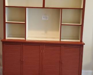 Beautiful Sturdy Wood wall unit. Painted red. Two pieces. Bring Help to move. Great Storage piece. 
