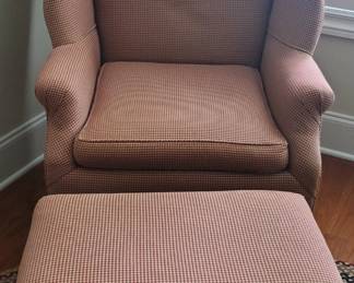 Wingback chair with Ottoman. So comfortable. Red Pattern.