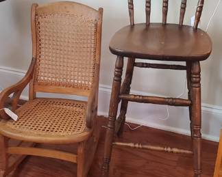 Antique spindle back bar stools.
Cane child's rocker.