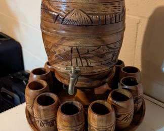 Vintage wooden mini Tiki whiskey barrel drink set