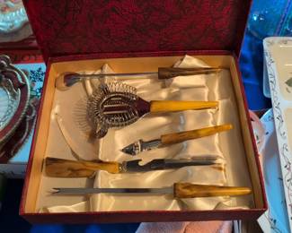 Cocktail Tools MCM Box 1950 Sheffield England Bakelite Stainless Steel.  Box labeled Smith's Luggage & Leather Shop, Bay City, MI
