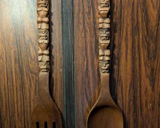MCM carved, decorative big fork & spoon.