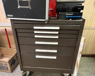 Storage cabinet with multiple drawers and on wheels.
