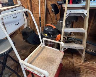 This was hand made to transport tools. Can also use as rolling chair.
Shop vac, ladder and many other tools and shop related items.
