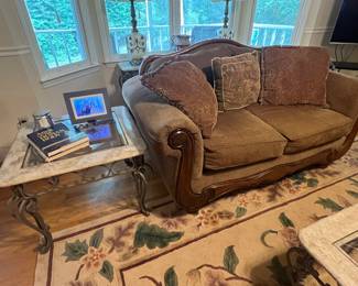 Matching loveseat to sofa
Marble top with glass side tables, coffee table and sofa table. Has a matching mirror too!