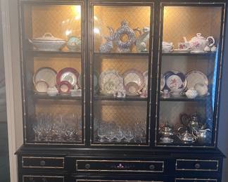 Black Lacquer Asian inspired lighted china cabinet ! In perfect condition!