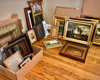 Large collection of 1800 & 1900s oil, acrylic and watercolors + antique frames