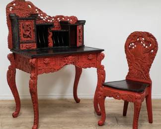 Chinese carved wood secretary desk and chair