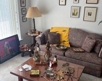 Wayang Shadow Puppets, Indonesian Wayang Golek Puppets Pair, Coffee Table, Wayang Shadow Puppets, Indonesian Wayang Golek Puppets Pair, Signed Native American Pottery Vase, Signed Eickholt Iridescent Vase, Marble Inlay Side Table, Stearns and Foster Sleeper Sofa