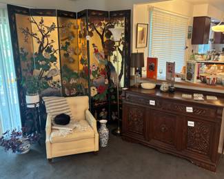 Asian 6 Panel Room Divider (WL), Ceramic Fish Themed Tile Sets, Pottery Vases, Cushioned Chair, Throw Blanket, Plant Stand, Planters 