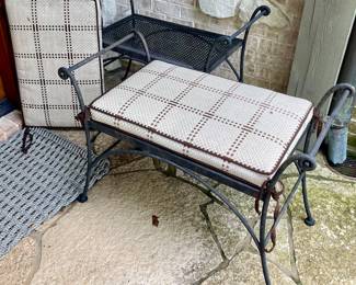 (2) wrought iron benches with custom cushions 37”w x 18d x 27h $250 ea