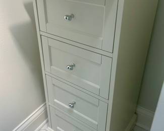White w/ chrome knobs 4 drawer, marble tap cabinet with pull out work surface 15”sq x 22”h $115