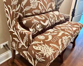 Custom upholstered settee w/ curved wood legs, matching back pillow 48”w x 28dx 45h $795