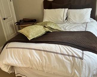 Restoration Hardware:
*queen, size,white satin stretch, duvet cover, bed skirt and 2 pillow shams $95
* Velvet chocolate brown Dion quilt $79