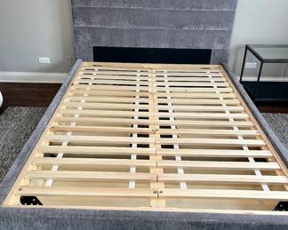 Crate & Barrel  Danielle Channel highball queen fog headboard with storage base $895