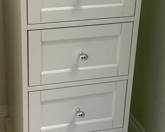 White w/ chrome knobs 4 drawer, marble tap cabinet with pull out work surface 15”sq x 22”h $115