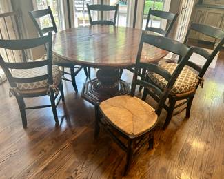 Bausman & Co pedestal 60” x 30”h round dining table with 6 Quakenbush and Winkler French ladderback, cane seat side chairs
7pc set $2495