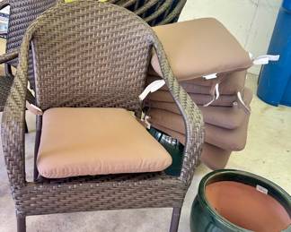 Frontgate indoor/ outdoor armchairs $75ea - 8  available;  matching seat cushions $15ea; 2 Large Planters $24ea