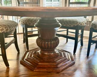 Bausman & Co pedestal 60” x 30”h round dining table with 6 Quakenbush and Winkler French ladderback, cane seat side chairs
7pc set $2495
