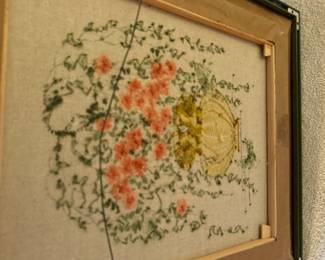 vintage embroidery art, hand-stitched needlepoint, floral wall décor, cottagecore embroidery, folk textile art, framed embroidery flowers.