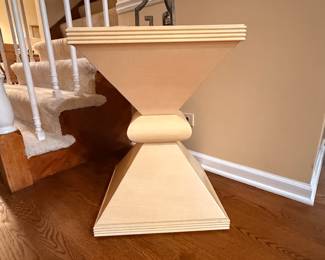 modern wood table, geometric accent table, display pedestal, plant stand, sculptural furniture, contemporary side table.
