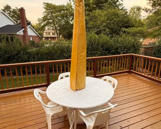patio furniture, outdoor dining set, resin patio set, backyard table with umbrella, outdoor entertaining furniture.