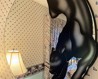 panther wall mirror, vintage 80s décor, retro statement mirror, collectible animal décor, black panther art.
