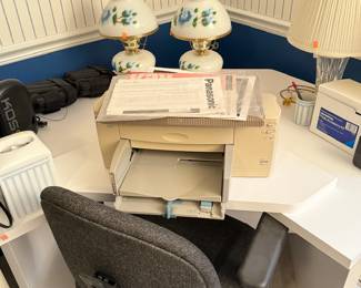 rolling office chair, adjustable desk chair, corner desk, HP LaserJet printer, home office furniture, ergonomic office chair.