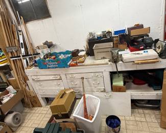 garage tools, workbench with drawers, workshop storage, handyman supplies, vintage tool bench, hardware lot.
