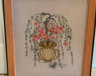 vintage embroidery framed, floral embroidery wall art, Asian style embroidery, hand-stitched textile art, cottagecore décor, vintage framed needlework.
