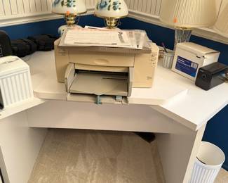 corner office desk, HP LaserJet printer, home office furniture, vintage table lamps, estate sale office setup.