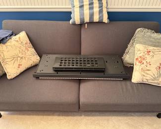 loveseat sofa, modern gray couch, two-seat sofa, living room furniture, upholstered loveseat, accent pillows.