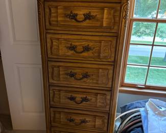 French Provincial tallboy, vintage highboy chest, 5-drawer dresser, provincial furniture, shabby chic tall chest, farmhouse bedroom furniture, ornate storage chest.