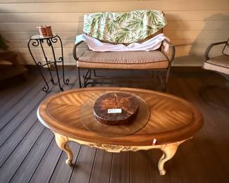 French Provincial coffee table, oval inlaid wood table, cabriole leg coffee table, mid-century French style furniture, ornate carved vintage table.