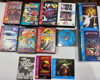 Sega Genesis games, Sega CD games, Sega Game Gear, vintage Sega collection, retro video game lot, 1990s Sega cartridges.
