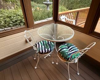 vintage bistro set, wrought iron patio furniture, outdoor dining set, garden table and chairs, glass top patio set.
