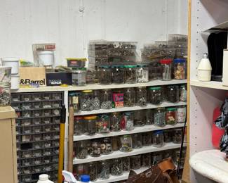 Wall of Hardware – Nuts, Bolts, Screws & Fasteners
Extensive workshop hardware collection organized in jars and bins. Includes assorted screws, nails, nuts, bolts, washers, anchors, fittings, and more. Perfect for DIY, home repair, and woodworking projects.
